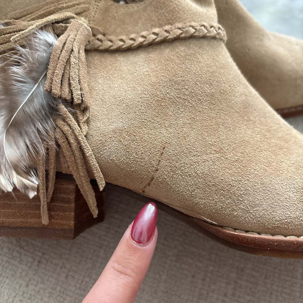 Gianni Bini Tan Suede Feathered Ankle Boot - Picture 2 of 7